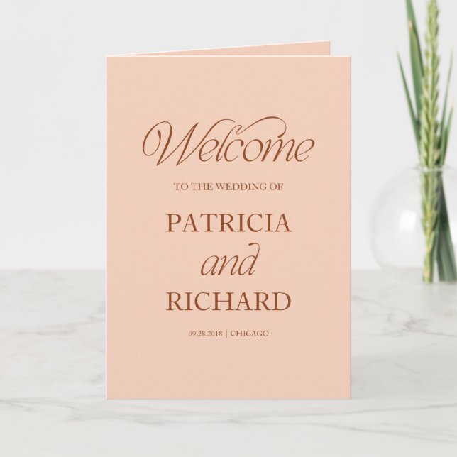 Soft Peach Calligraphy Wedding Folded Program Programme (Front)