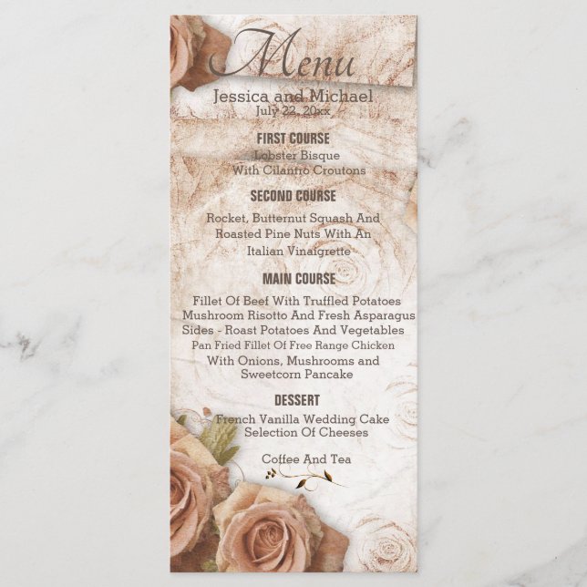 Soft Peach Coloured Roses Wedding Menu (Front)