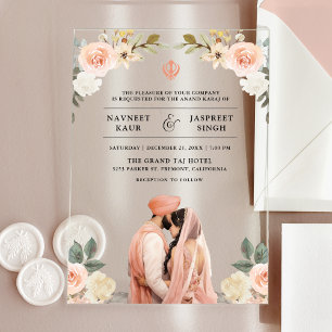 Soft Peach Floral Anand Karaj Indian Sikh Wedding Acrylic Invitations