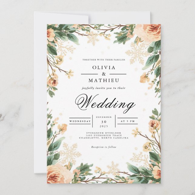Soft Peach Floral Arch Romance Wedding Invitation (Front)