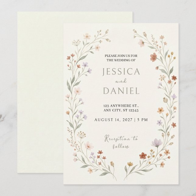 Soft Peach Floral Border Wedding Invitation (Front/Back)