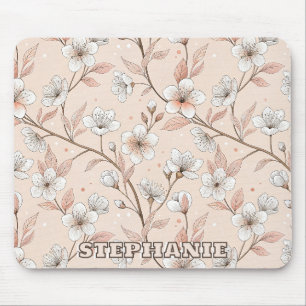 Soft Peach Floral Branch with White Blooms Mouse Pad