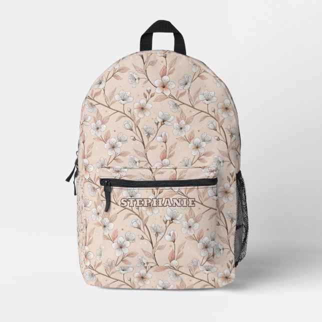 Soft Peach Floral Branch with White Blooms Printed Backpack (Front)