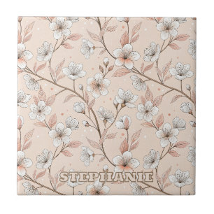 Soft Peach Floral Branch with White Blooms Tile