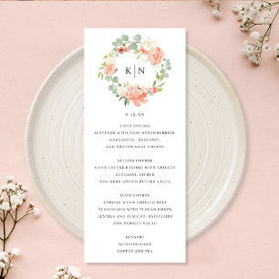 Soft Peach Floral Monogram Wedding Menu Card