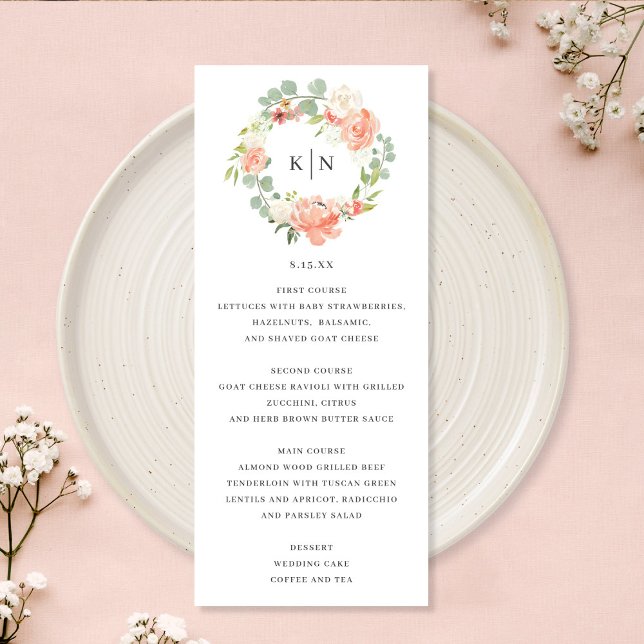 Soft Peach Floral Monogram Wedding Menu Card (Creator Uploaded)
