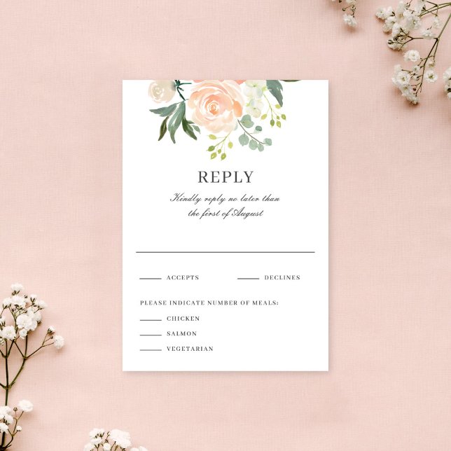 Soft  Peach Floral Watercolor Wedding Reply RSVP Card (Creator Uploaded)