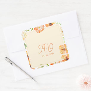 Soft Peach Garden Floral Monogram Wedding Square Sticker