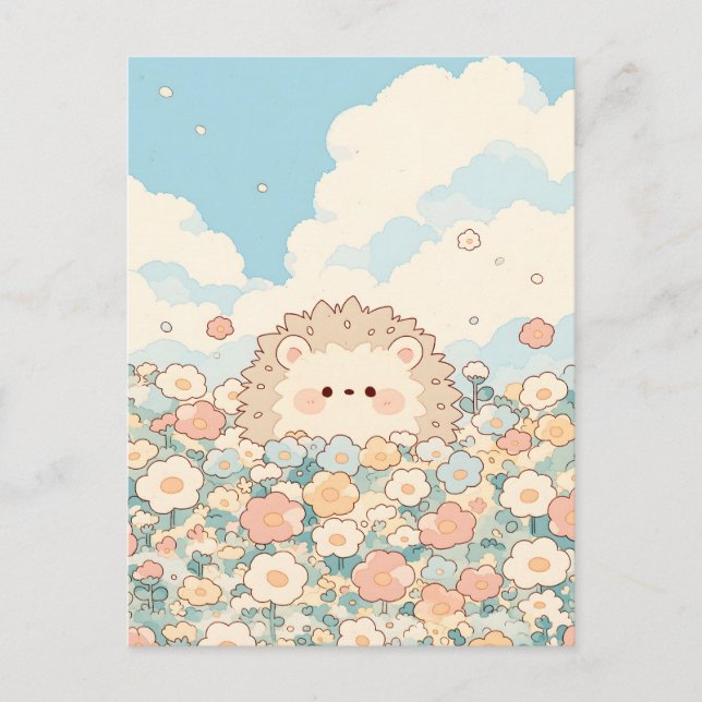 Soft Peach Meadow Kawaii Hedgehog Postcard (Front)
