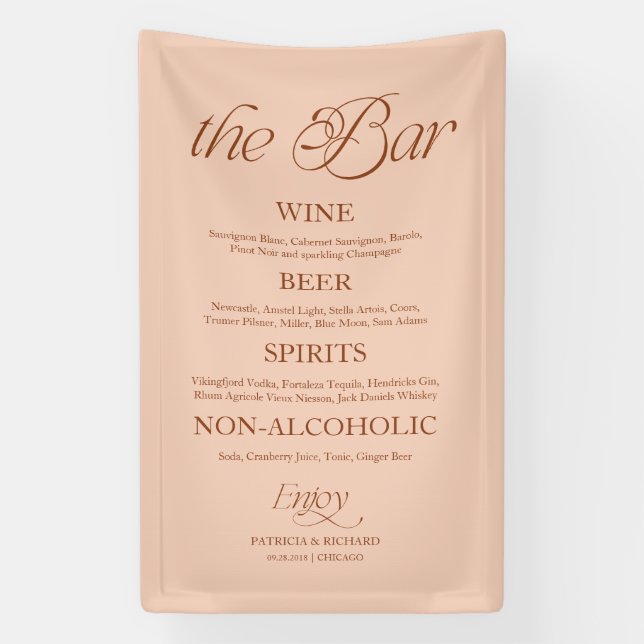 Soft Peach Minimalist "The Bar" Wedding Menu Sign (Vertical)