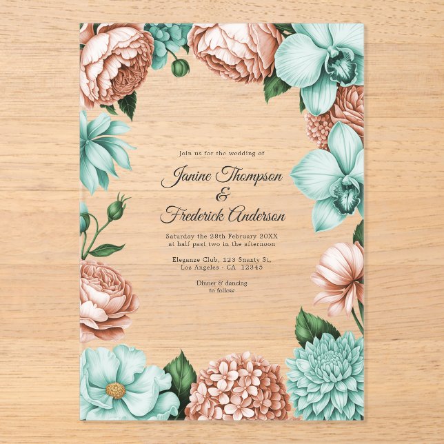 Soft Peach & Mint Modern Botanical Wedding Acrylic Invitations (Front)