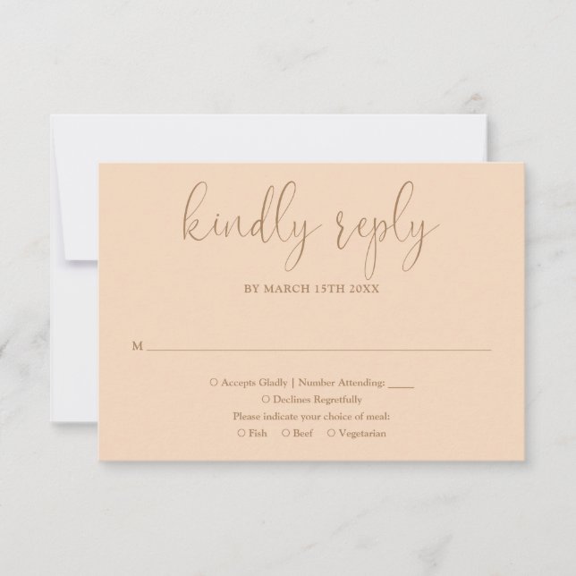 Soft Peach Modern Chic Elegant Script Wedding RSVP Card (Front)