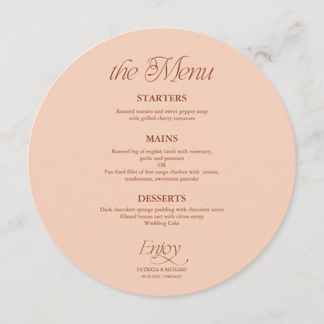 Soft Peach Modern Minimalist Circle Wedding Menu (Front)