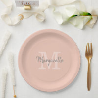 Soft Peach Name and Initial Monogram Paper Plates