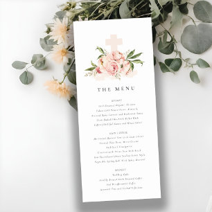 Soft Peach Peony Floral Cross Baptism Menu Card