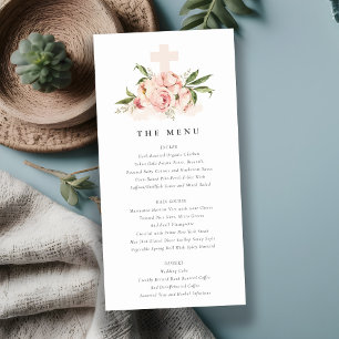 Soft Peach Peony Floral Cross Baptism Menu Card