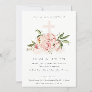 Soft Peach Peony Floral Cross Bunch Baptism Invite