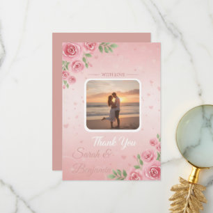 Soft Peach & Pink Floral Garden Photo Wedding Thank You Card