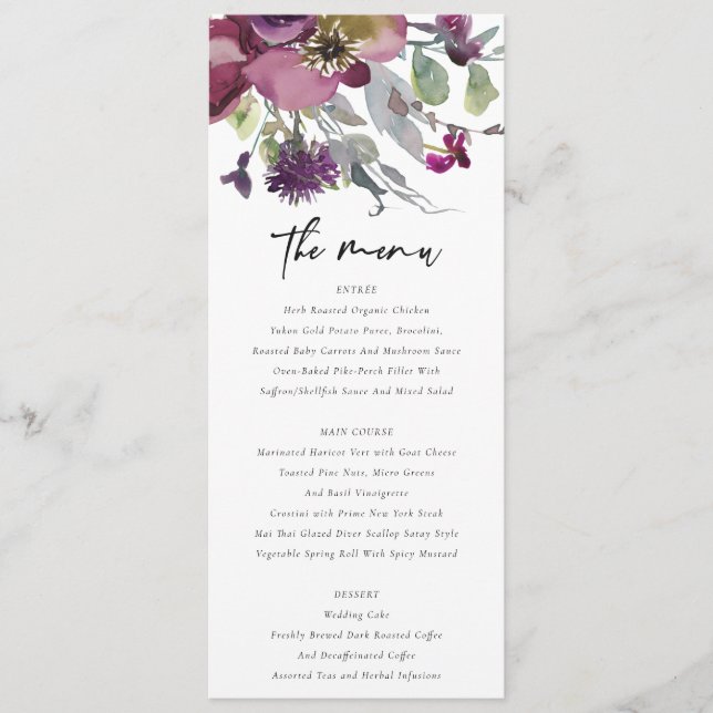 SOFT PEACH PURPLE LILAC WATERCOLOR FLORAL WEDDING MENU (Front)