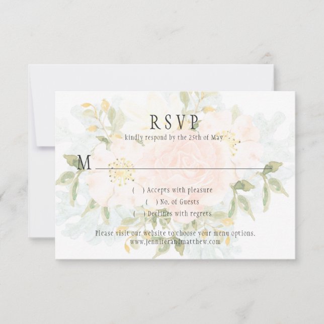 Soft Peach Roses and Matching Greenery RSVP (Front)