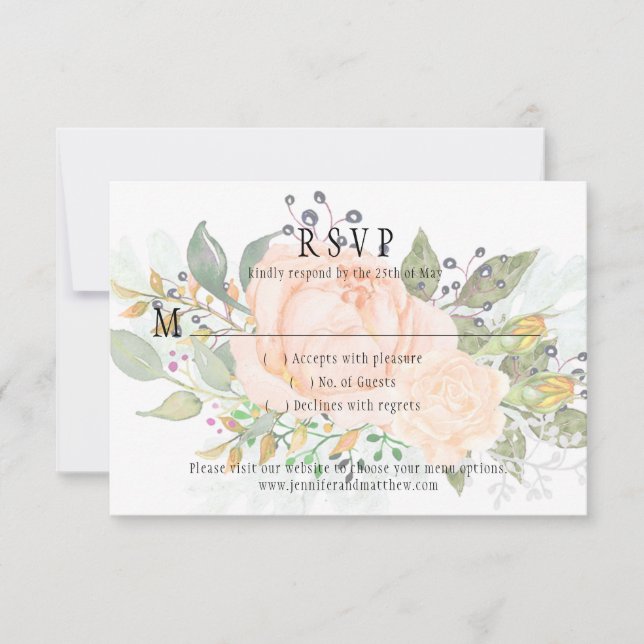 Soft Peach Roses Yellow Rosebuds Greenery RSVP Card (Front)