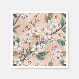Soft Peach Sakura Branch Botanical Pattern Napkin