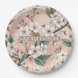 Soft Peach Sakura Branch Botanical Pattern Paper Plate