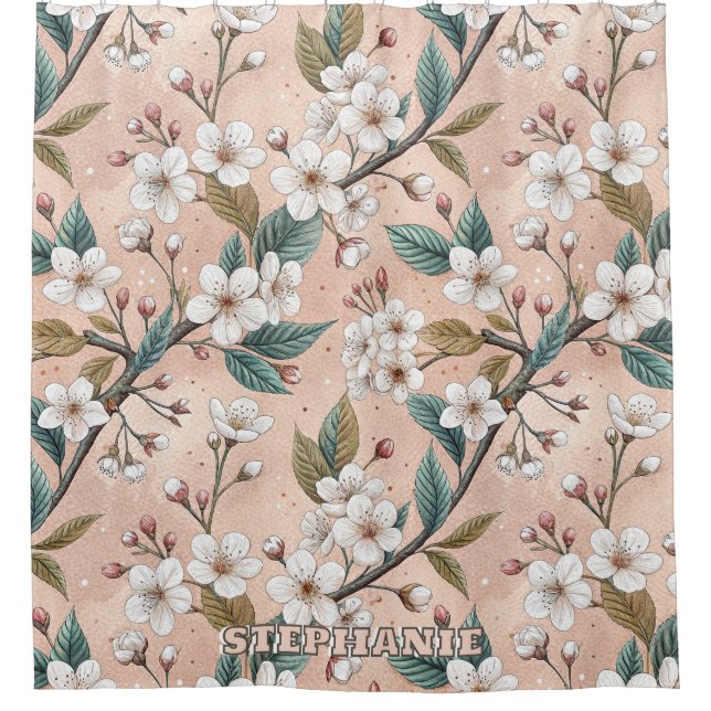 Soft Peach Sakura Branch Botanical Pattern Shower Curtain (Front)