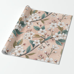 Soft Peach Sakura Branch Botanical Pattern Wrapping Paper