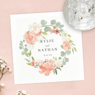 Soft Peach Watercolor Floral Wedding Reception Napkin