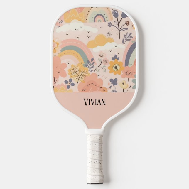 Soft Peach Whimsy Boho Rainbow Floral Personalised Pickleball Paddle (Front)