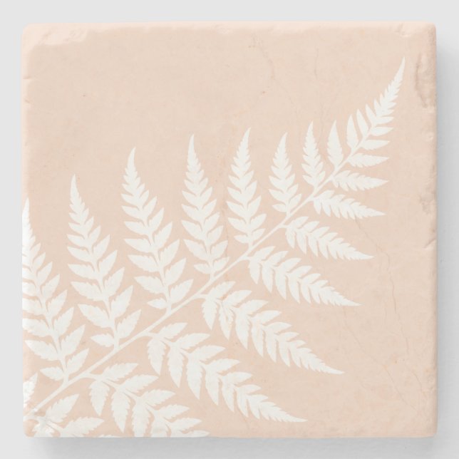 Soft Peach White Fern Botanical Wedding Stone Coaster (Front)