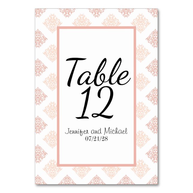 Soft Peachy Blush Damask Table Number (Front)