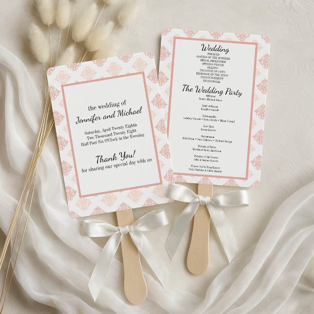 Soft Peachy Blush Damask Wedding Program Hand Fan (Creator Uploaded)