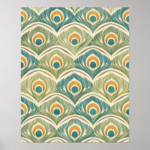 Soft Peacock Feather Artwork in Sage & Gold Poster