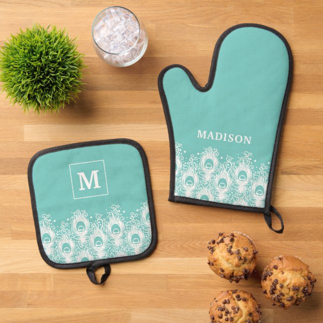 Soft peacock feathers oven mitt & pot holder set (Top Down)