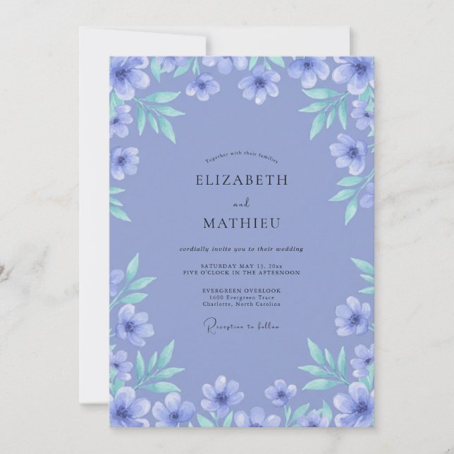 Soft Periwinkle Mint Leafy Wedding Invitation (Front)