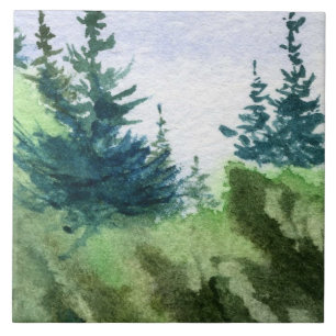 Soft pines on the rocks with a spring blue sky tile