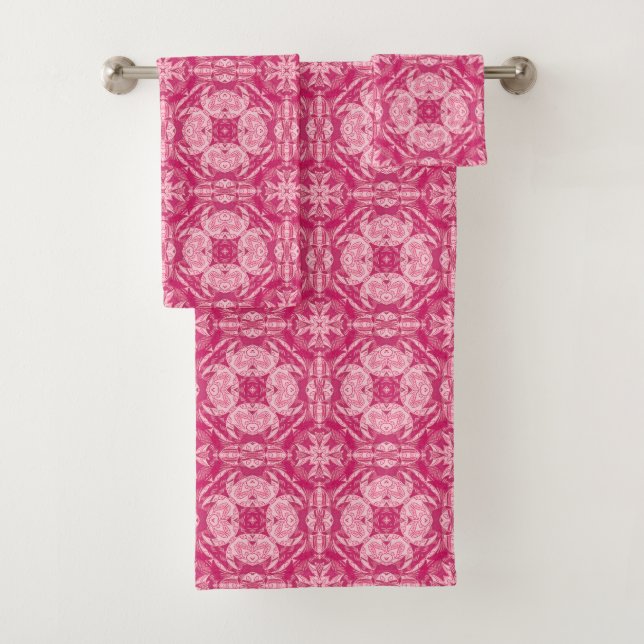 Soft Pink Abstract Floral Mandala Pattern  Bath Towel Set (Insitu)