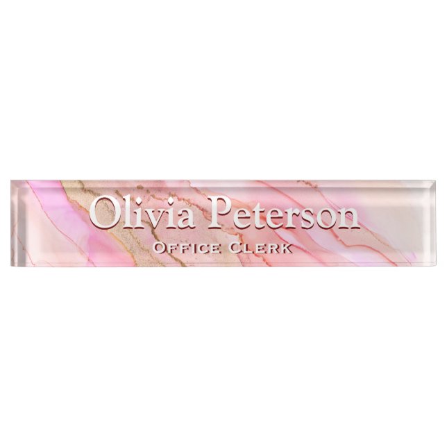 Soft Pink Alcohol Ink Art Desk Nameplate (Front)