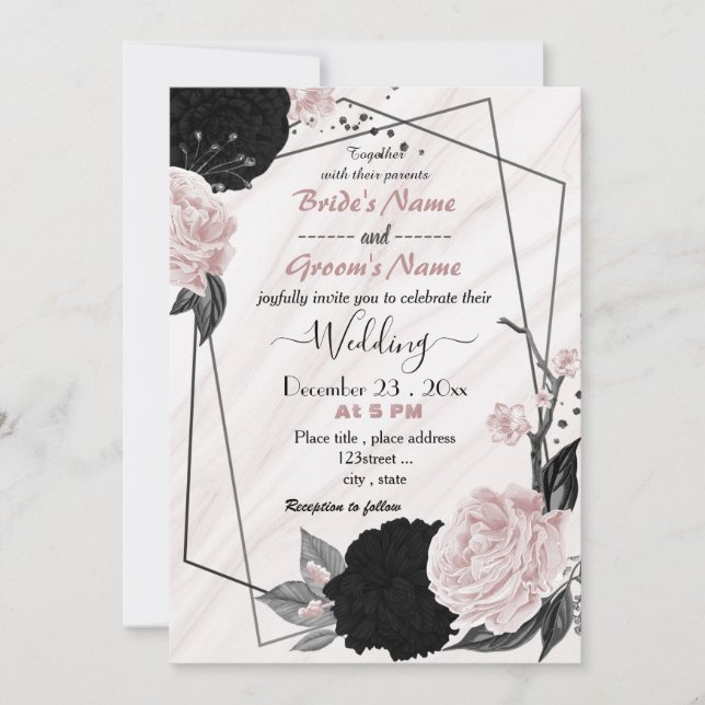 soft pink and black floral geometric wedding  invitation (Front)