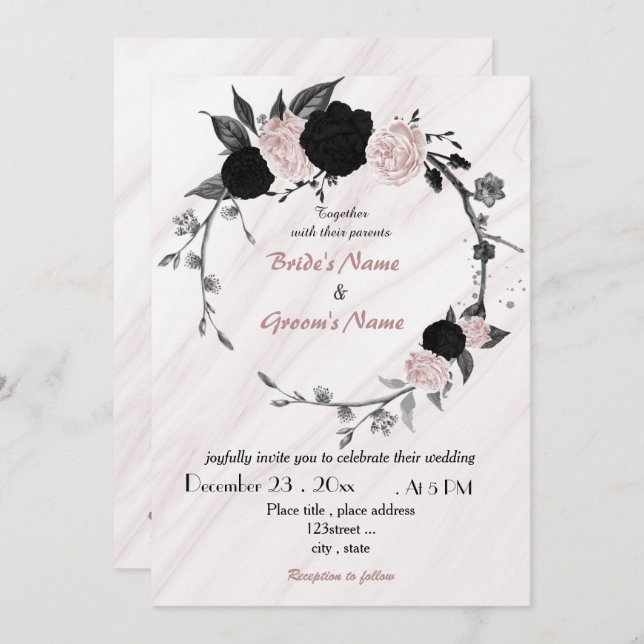 soft pink and black floral wreath wedding invitation (Front/Back)