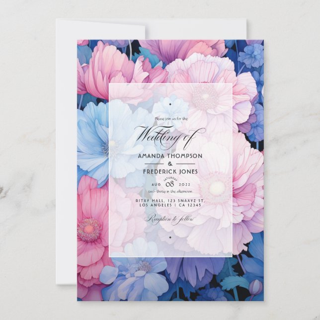 Soft Pink and Blue Floral Wedding Invitation (Front)