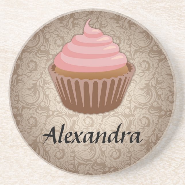 Soft Pink and Brown Cupcake, Personalised Keepsake Coaster (Front)