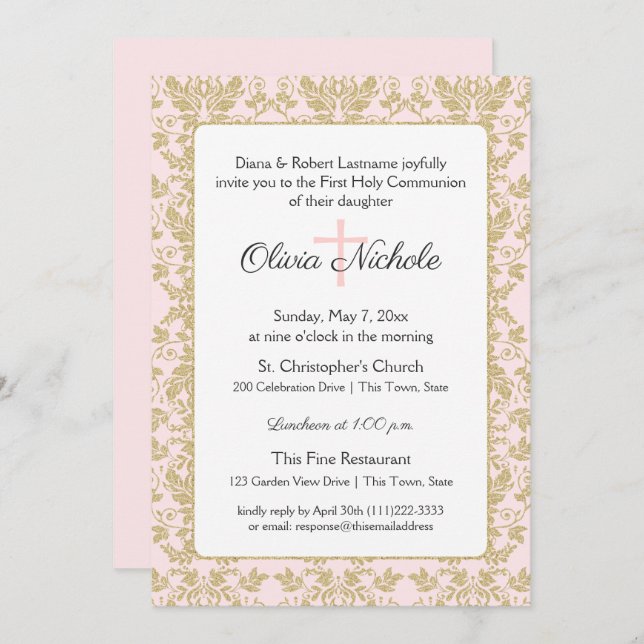 Soft Pink and Gold Damask First Communion Invitation (Front/Back)