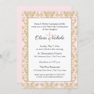 Soft Pink and Gold Damask First Communion Invitation