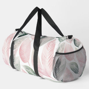 Soft Pink and Green Botanical Leaf Pattern Duffle Bag