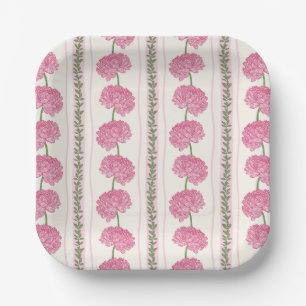 Soft Pink and Green Chrysanthemum Flower Stripes Paper Plate