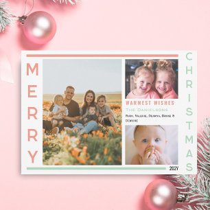 Soft Pink and Green Minimalist Photo Collage Holiday Card