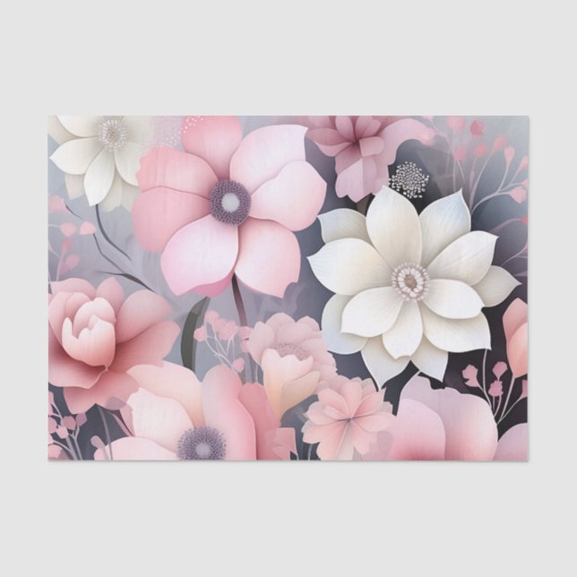 Soft Pink and Grey Floral Tissue Paper (Front)